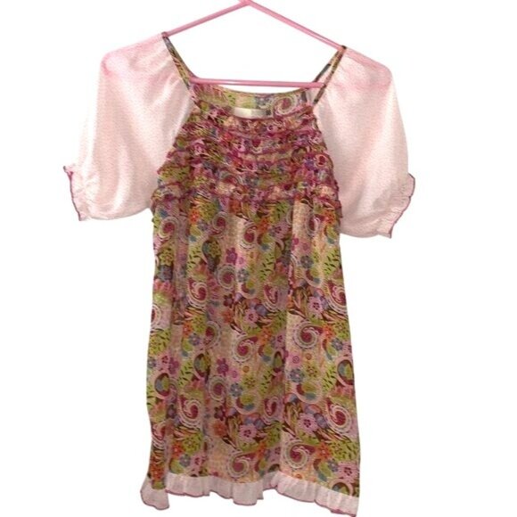 Route 66 Womens XL Floral Paisley Top With Sheer Sleeves Short Ruffle Detail 100 - Picture 1 of 10